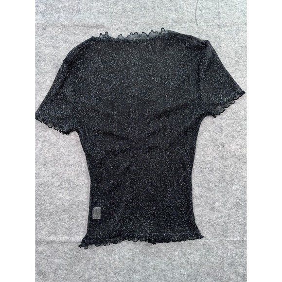 Sheer Black Mesh Large‎ Short Sleeve Lettuce Trim Top with Metallic Sparkles - Picture 1 of 6